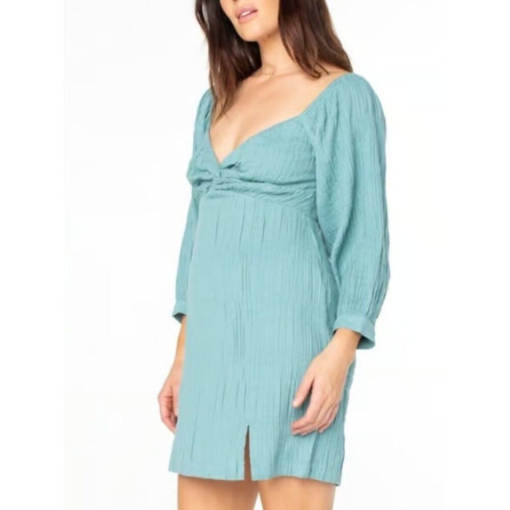 Roxy Teal Knot-Front Puff Sleeve Mini Dress